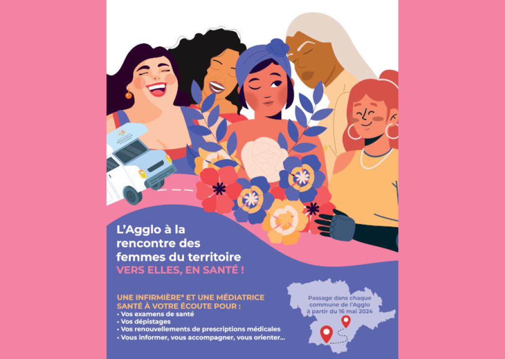 Affiche avec des femmes dessinées, dans les tons roses et parmes