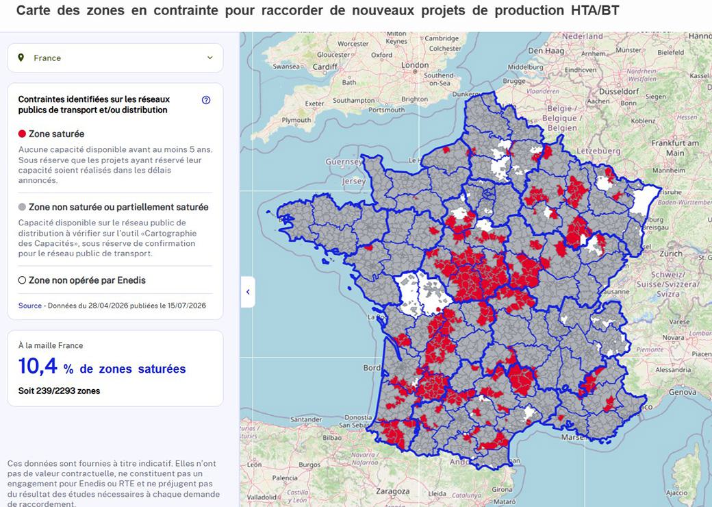 Carte des zones en contrainte pour raccorder de nouveaux projets de production HTA/BT
