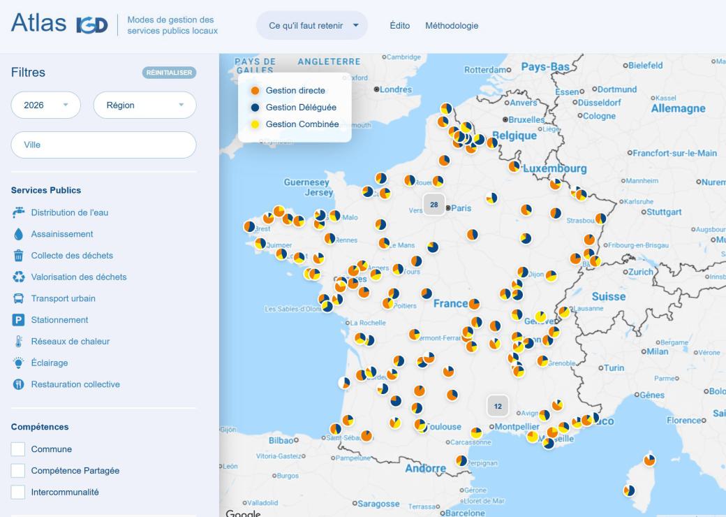 Carte: Choix du mode de gestion - directe, déléguée ou combinée - selon les exécutifs intercommunaux Choix du mode de gestion - directe, déléguée ou combinée - selon les exécutifs intercommunaux 