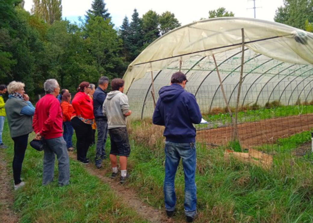 Des personnes se tiennent devant une serre-tunnel en plastique