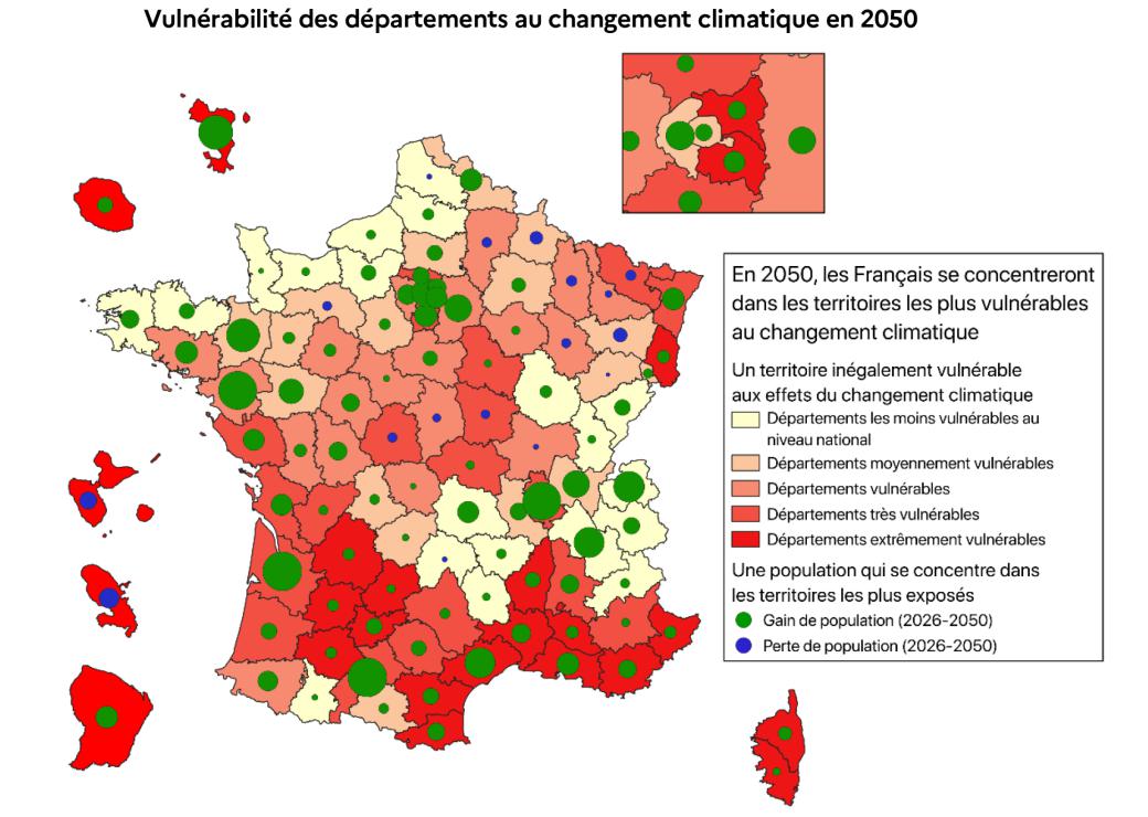 carte: Vulnérabilité des départements au changement climatique en 2050