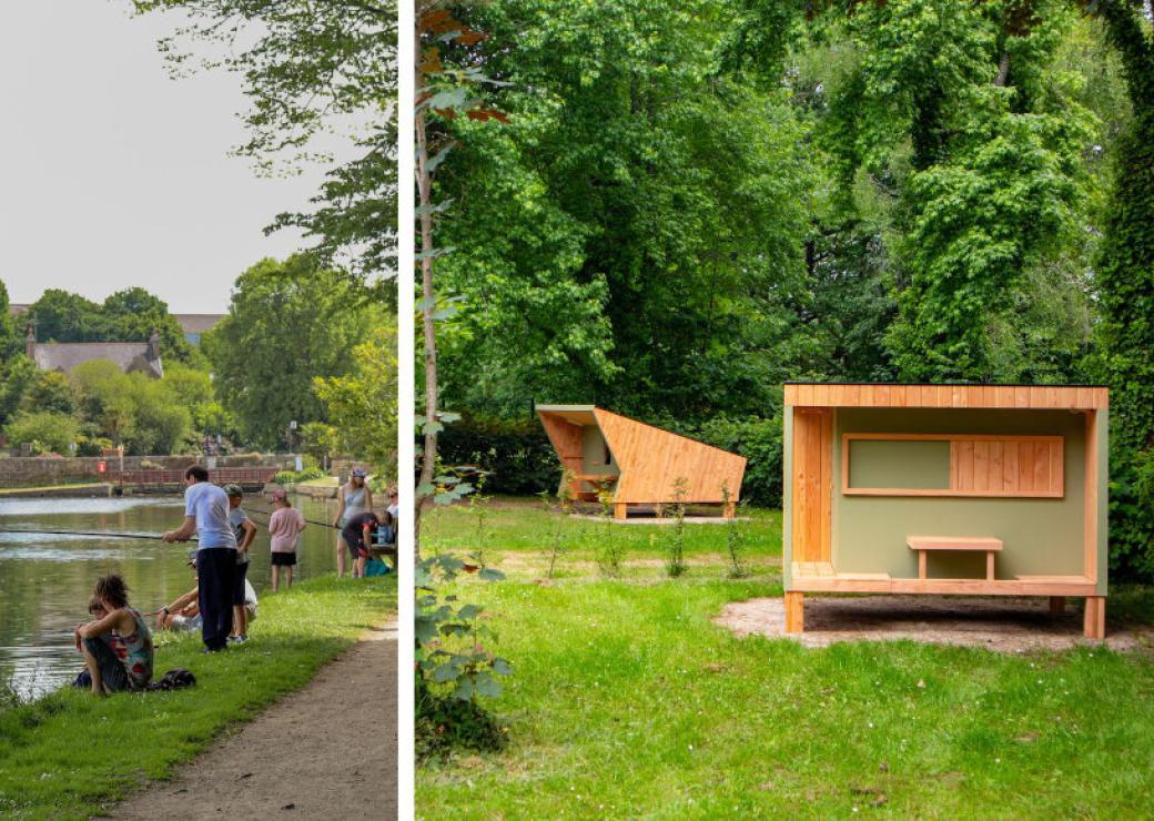 Deux photos: à gauche des personnes au bord d'un cours d'eau, à droite une cabane de bois avec une banquette de couchage