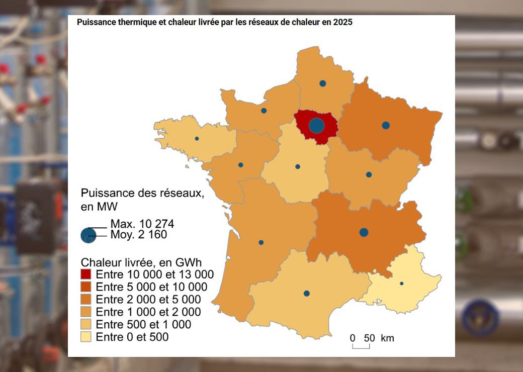 carte: Puissance thermique et chaleur livrée par les réseaux de chaleur en 2025