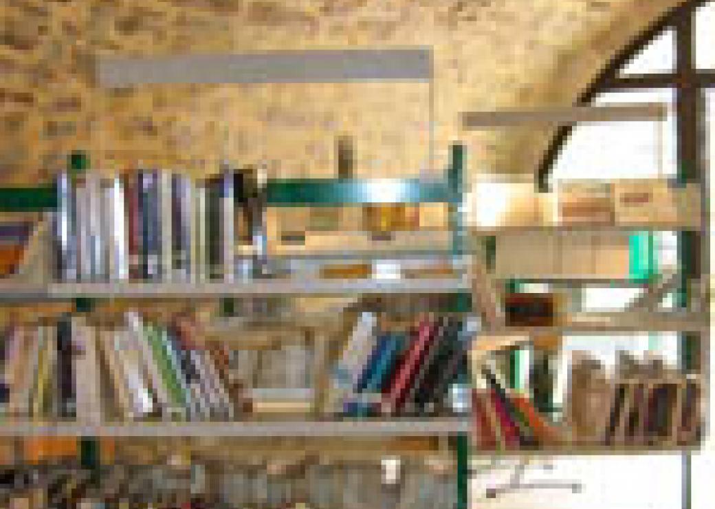 deux étagères de livres sous une voute en pierre