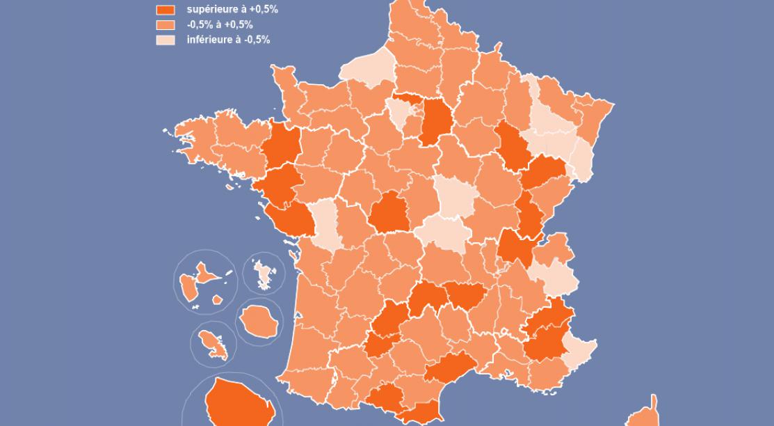 Carte de la variation de la dotation globale de fonctionnement (DGF) entre 2018 et 2019