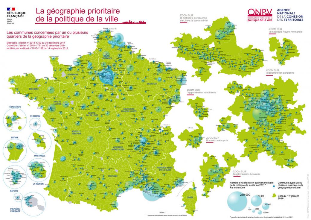 Les 1 514 quartiers de la politique de la ville en France