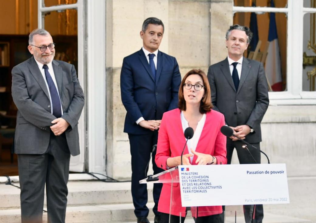 Passation de pouvoirs le 20 mai à l'Hôtel de Castrie : Joël Giraud, Gérald Darmanin, Amélie de Montchalin, Christophe Béchu