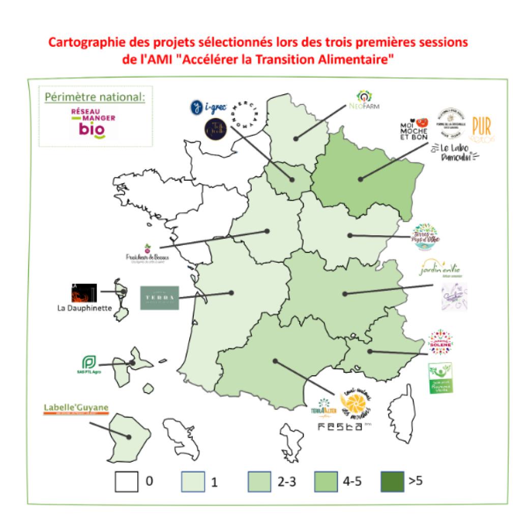 Cartographie des projets sélectionnés lors des trois premières sessions de l'AMI "Accélérer la Transition Alimentaire"
