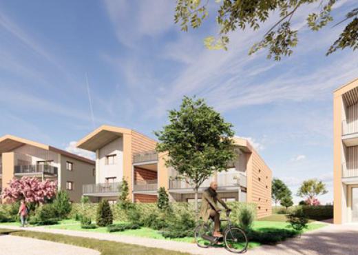 aperçu d'une modélisation de quartier, très vert avec personne en vélo ou à pied.