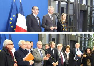 A l'issue de la réunion du 13 février à Bercy, les membres du gouvernement et la délégation d'élus locaux, dont Jean-Luc Moudenc et François Baroin