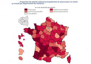  Proportion de salariés utilisant principalement la voiture pour se rendre au travail par département de résidence