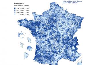 Carte de France des licences pour 1.000 habitants 