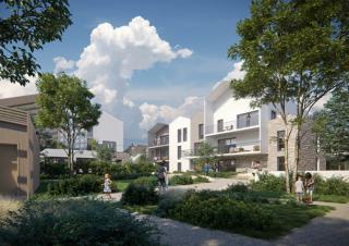 Image numérique d'un projet d'aménagement montrant des bâtiments neufs et des enfants jouant aux pieds des constructions