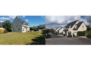 Deux photos montrent une maison, avant et après la construction d'une deuxième maison sur une partie du jardin de la première maison