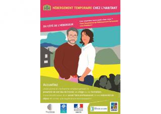 Affiche illustrée par un couple homme femme. Le gros titre indique "hébergement temporaire chez l'habitant"