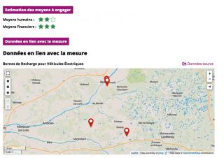 Capture d'écran où l'on peut lire "estimation des moyens à engager", "donner en lien avec la mesure", au dessus d'une carte où sont apposés trois repères rouges