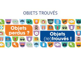 Affiche où l'on peut lire objets trouvés, objets perdus, objets (re)trouvés, avec en fond des icones représentants des lunettes, des clefs, des ours en peluche, des téléphones