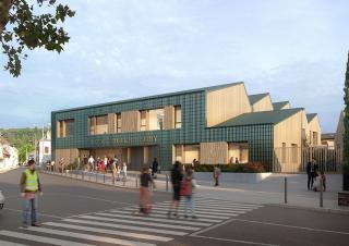 Vue d'architecte d'un bâtiment sur lequel on peut lire "école Jules Ferry"