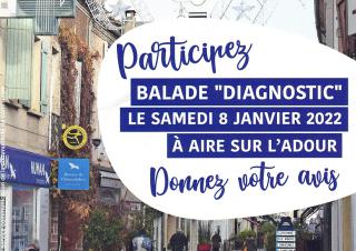 Vue d'une rue de centre-ville, avec un aplat blanc sur lequel on peut lire: participez balade diagnostic à Aire sur l'Adour