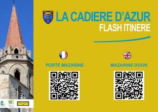 Reproduction d'une affiche sur fond jaune sur laquelle on peut lire : la cadière d'azur flash itinere porte mazarine. Sur le bord gauche de l'image, la photo d'un clocher