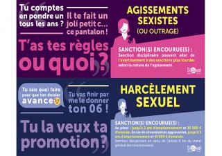 affiches sur lesquelles on peut lire des propos sexistes à droite, comme "il te fait un joli petit c... ce pantalon!" et à gauche on peut lire "agissements sexistes sanctions encourues", avec le détail des sanctions