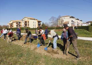 En ligne, une vingtaine de personnes creusent la terre à l'aide d'une pelle. Au fond, des petits immeubles d'habitation