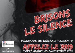 Affiche en noir et blanc sur laquelle on peut lire "brisons le silence, appelez le 3919"