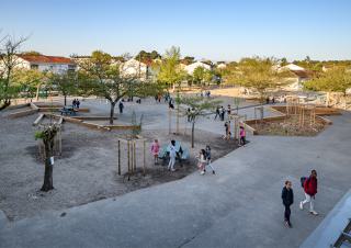 Des enfants jouent sur une placette où des arbres viennent d'être plantés