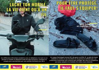 Affiches de sécurité routière: "lache ton mobile, la vie ne tient qu'à un fil", "Pour être protégé, il faut s'équiper!"