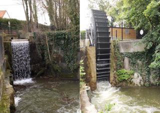 Deux photos d'un même site, avant et après l'installation d'une roue à aubes. A gauche, une chute d'eau, à droite, la même chute, équipée d'une immense roue à aubes