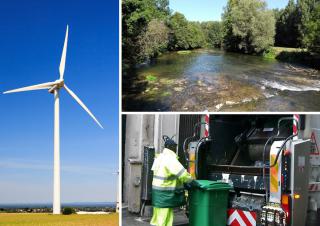 eolienne , rivière et camion poubelle
