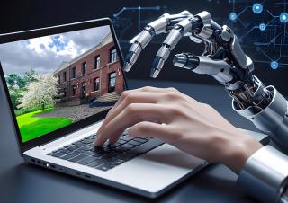 Une main robotisée et une main semi humaine tapent sur le clavier d'un ordinateur portable