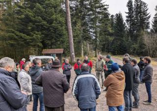Une vingtaine de personne en cercle dans une clairière