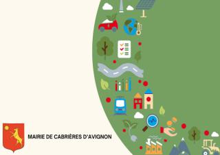 Dessin sur lequel on peut lire "mairie de Cabrières d'Avignon, avec des pictogrammes représentant des routes, des écoles, de l'argent...