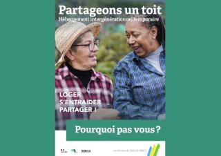 Affiche sur laquelle on peut lire "partageons un toit hébergement intergénérationnel temporaire"
