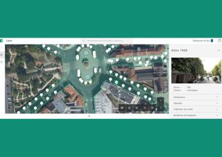 Capture d'écran montrant une vue satellite d'une ville, avec des arbres figurés par des icônes blanches