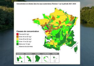 carte : Concentration en nitrates dans les eaux souterraines d’horizon 1 sur la période 2021-2023
