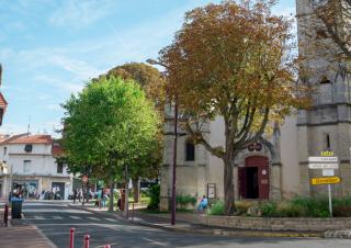 Une église, une rue et des arbres