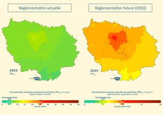 cartes : Concentrations annuelles moyennes en PM2.5 en Ile-de-France en 2025. Echelle centrée sur la valeur limite applicable en 2025 (à gauche) et sur la valeur limite applicable à partir de 2030 (à droite)