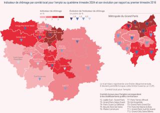 carte :Indicateur de chômage par comité local pour l’emploi au quatrième trimestre 2024 et son évolution par rapport au premier trimestre 2016 