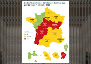 carte des défaillances d'entreprises  par région au 1er trimestre 2026 