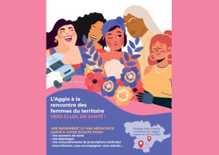 Affiche avec des femmes dessinées, dans les tons roses et parmes