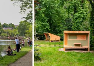 Deux photos: à gauche des personnes au bord d'un cours d'eau, à droite une cabane de bois avec une banquette de couchage